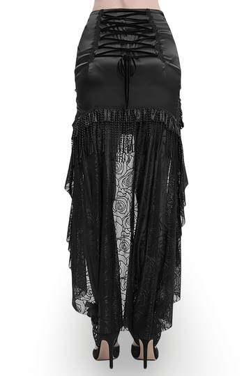 Black Gothic Skirt with Lace-Up Fringe and Floral Stitching